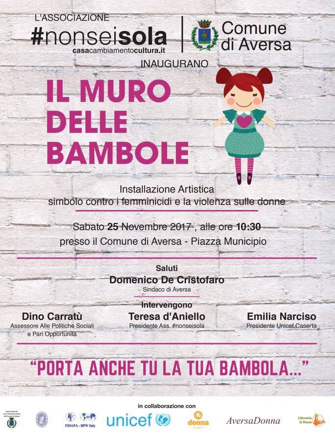 Locandina evento Aversa violenza sulle donne muro delle bambole
