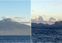 Capri ed il Vesuvio innevato, lo spettacolo dell’alba ripresa dal mare (VIDEO)