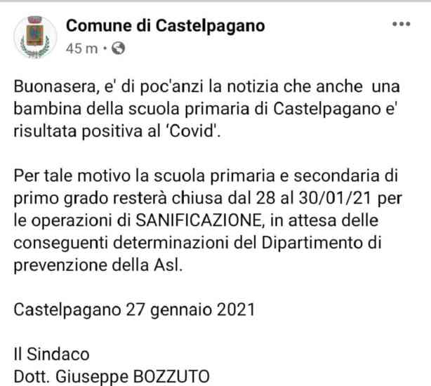Castelpagano, bambina della primaria positiva al Covid: scuole chiuse Castelpagano, bambina della primaria positiva al Covid: scuole chiuse
