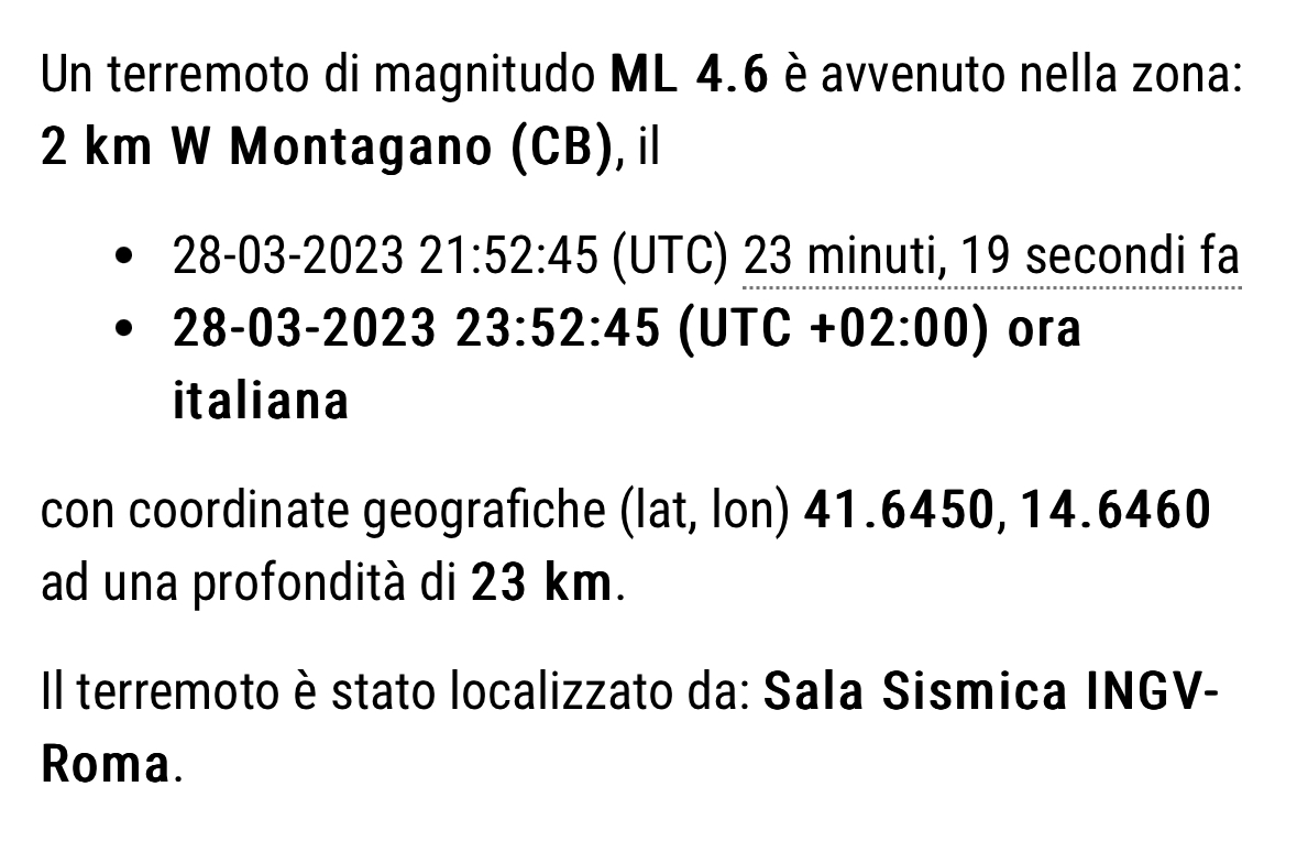 Scossa di terremoto a Campobasso, avvertita anche in Irpinia