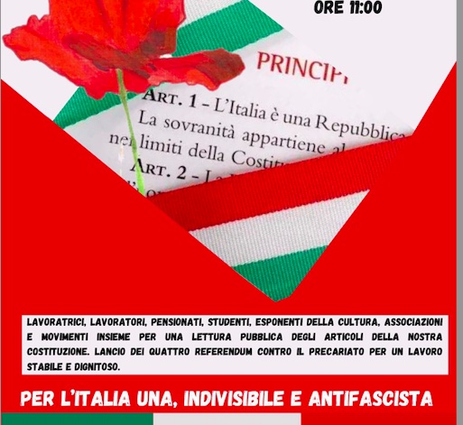 “Largo alla Costituzione”, il 25 Aprile in piazza di Cgil e Anpi