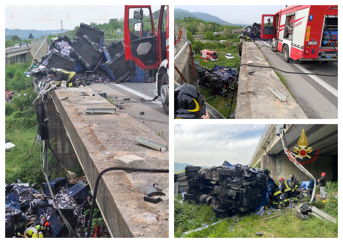 VIDEO/ Tir si schianta contro una macchina e poi finisce giù dal cavalcavia: grave il camionista