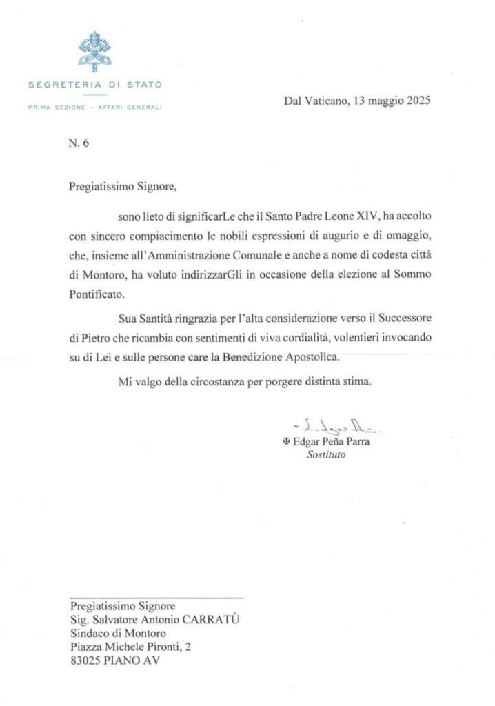 leone xiv scrive a montoro grazie per le nobili espressioni di augurio da Anteprima24.it leone xiv scrive a montoro grazie per le nobili espressioni di augurio