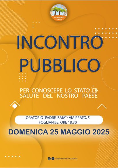 ‘Liberamente Foglianise’ guarda al futuro: incontro pubblico il 25 maggio ‘Liberamente Foglianise’ guarda al futuro: incontro pubblico il 25 maggio