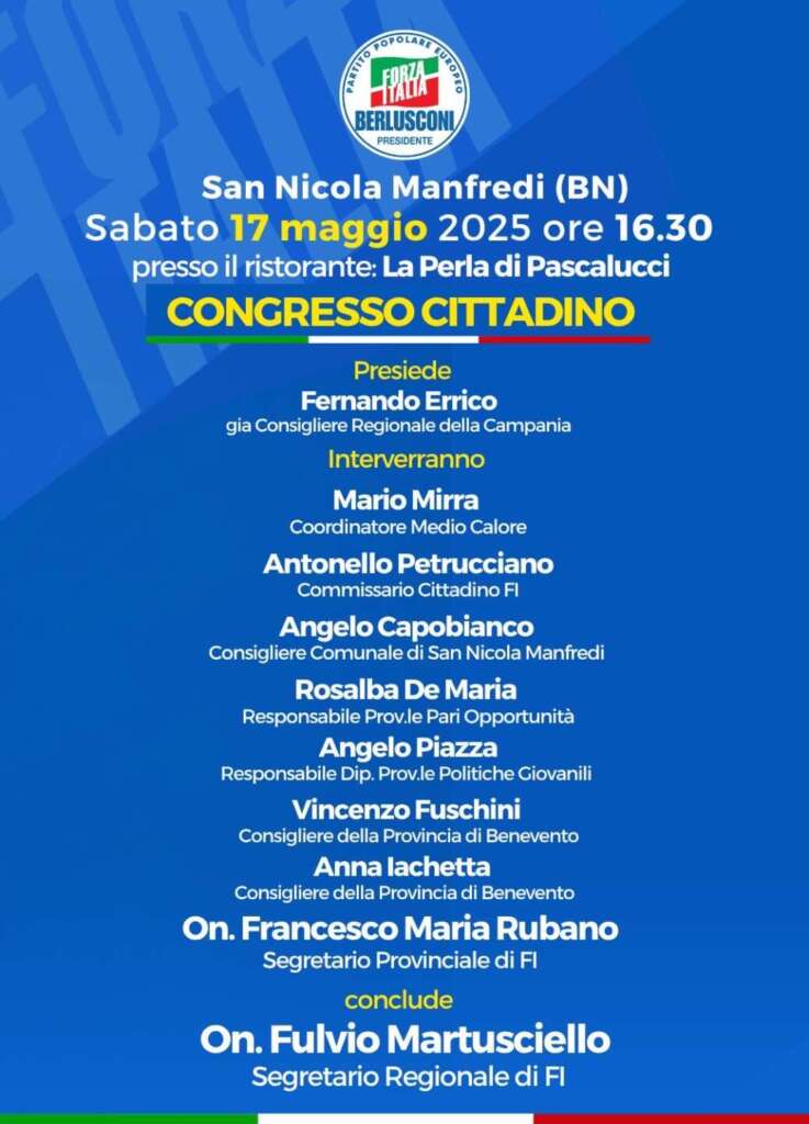 San Nicola Manfredi, oggi il congresso cittadino di Forza Italia San Nicola Manfredi, oggi il congresso cittadino di Forza Italia
