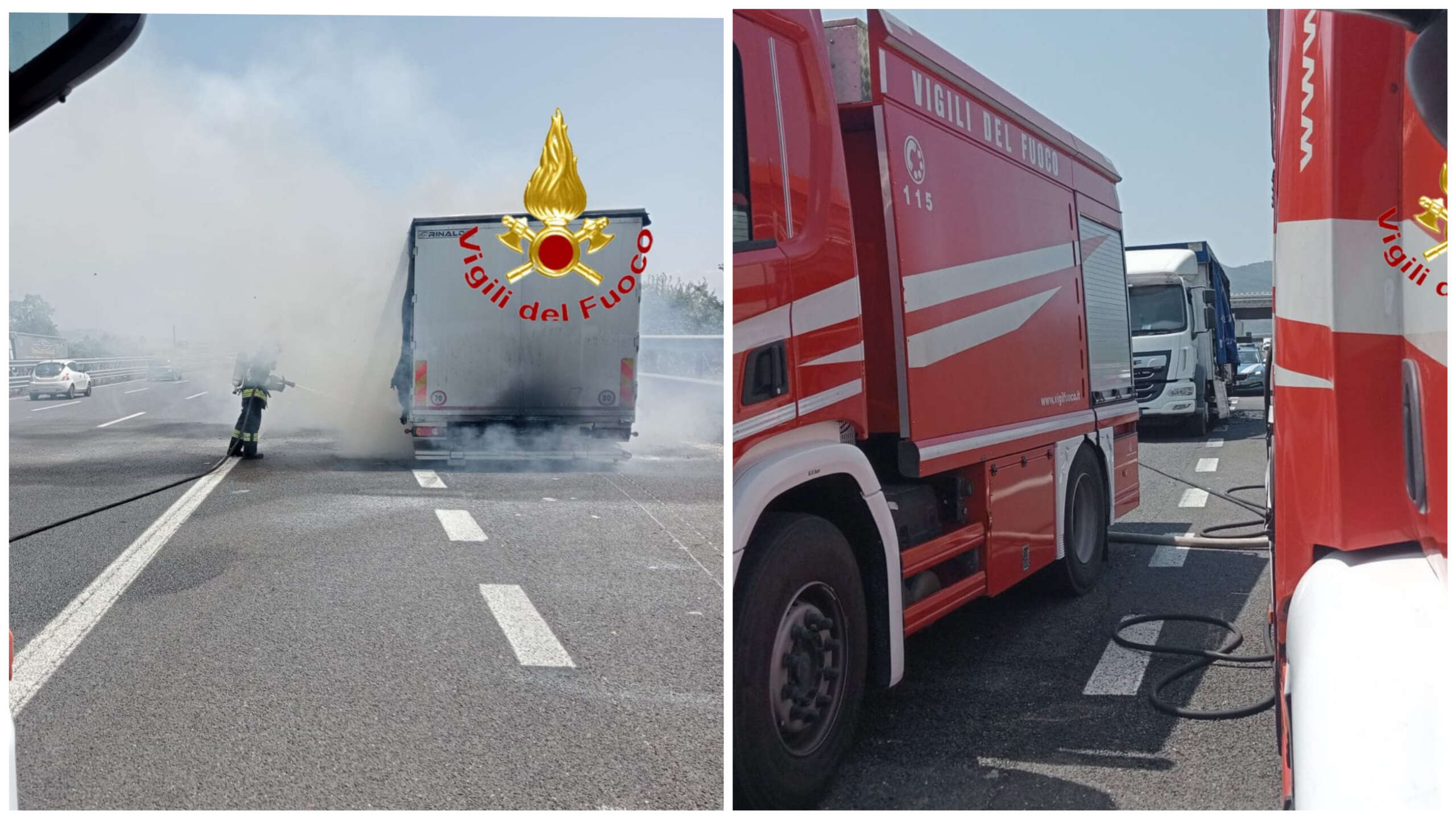camion in fiamme in autostrada