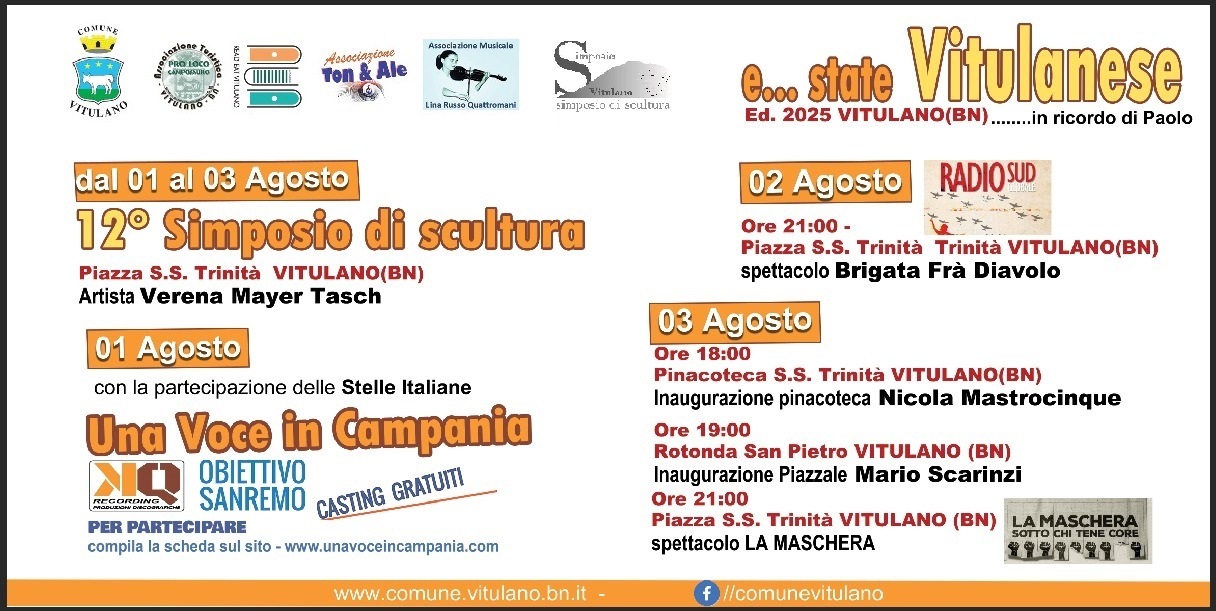 Arte, cultura e memoria: a Vitulano dal 1° al 3 agosto un calendario ricco di eventi dedicato a Paolo De Filippo Arte, cultura e memoria: a Vitulano dal 1° al 3 agosto un calendario ricco di eventi dedicato a Paolo De Filippo