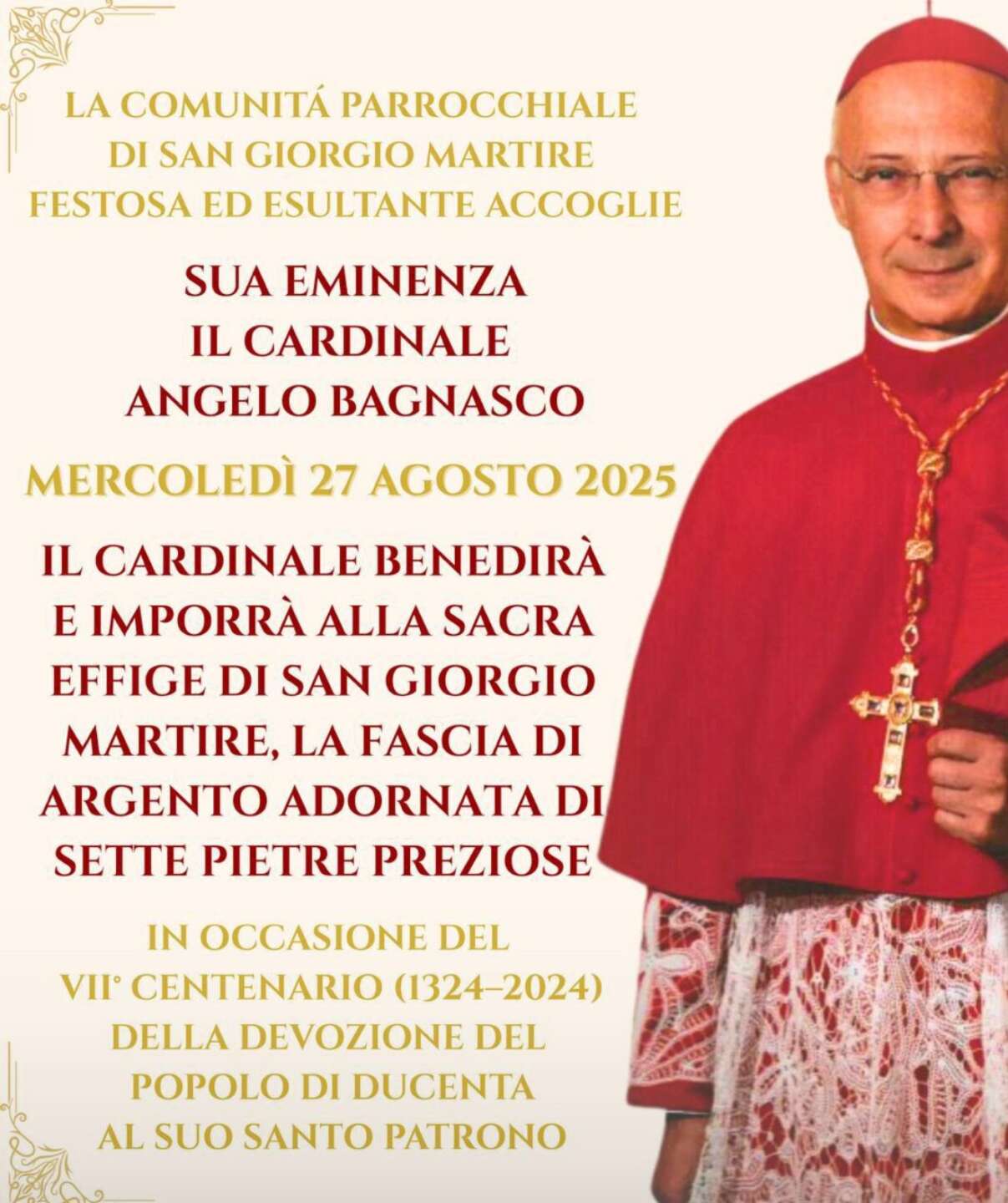 il cardinale bagnasco a trentola ducenta citt224 in festa il prossimo 27 agosto