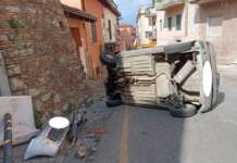Auto abbatte dissuasori di sosta e si ribalta