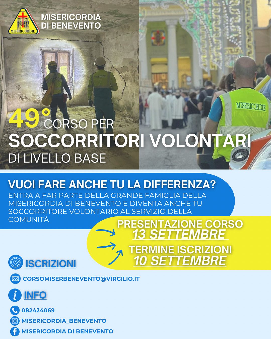 Al via il 49esimo “Corso Primo Soccorso Misericordia Benevento” Al via il 49esimo “Corso Primo Soccorso Misericordia Benevento”