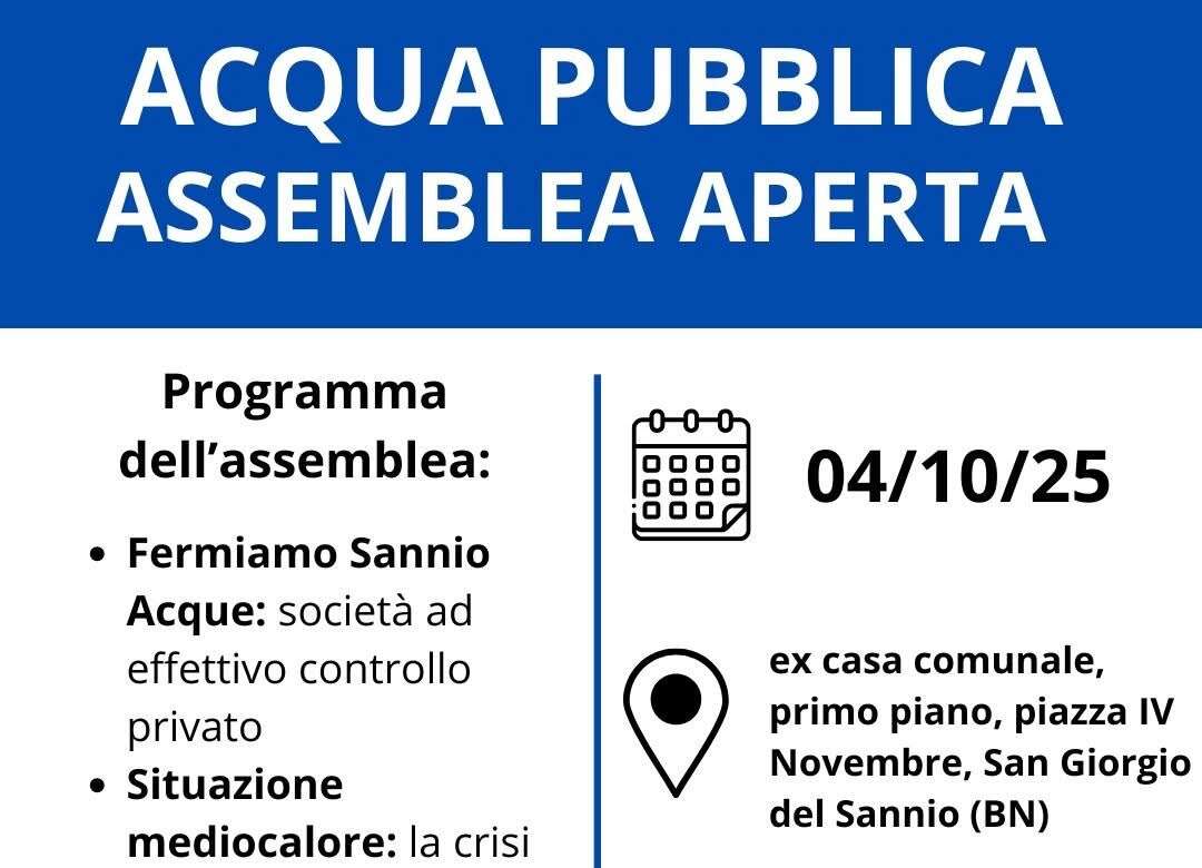 Crisi idrica, tariffe in aumento e gestione privata: sabato assemblea pubblica a San Giorgio del Sannio