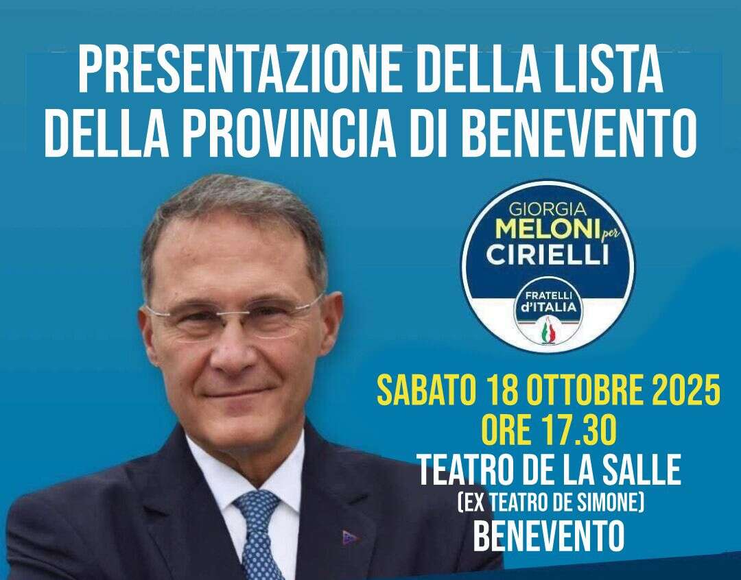 Regionali, sabato arriva Cirielli nel Sannio: appuntamento al Teatro De Simone Regionali, sabato arriva Cirielli nel Sannio: appuntamento al Teatro De Simone