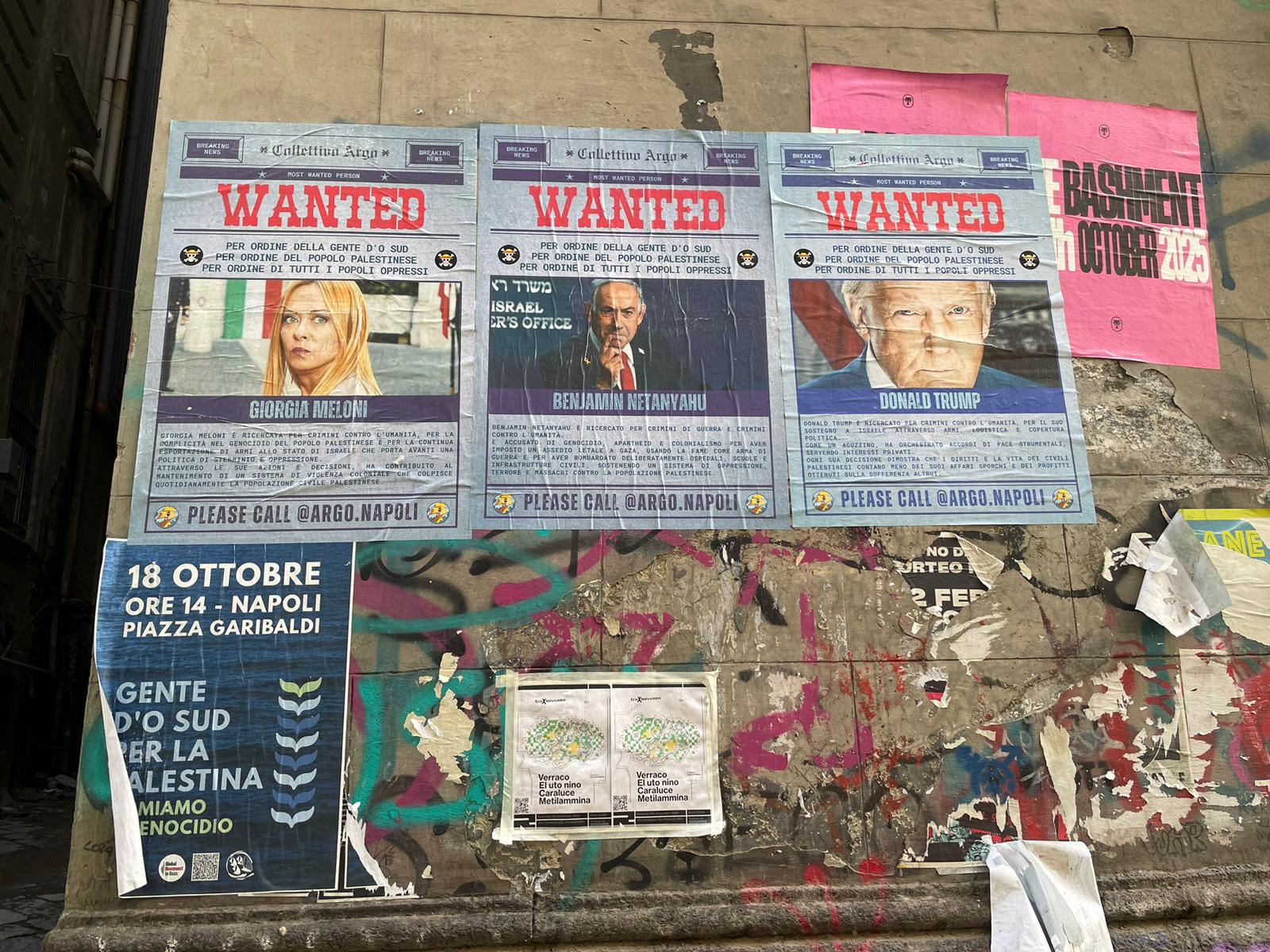 Pro Pal: a Napoli manifesti “wanted” per Trump, Meloni e Netanyahu Pro Pal: a Napoli manifesti “wanted” per Trump, Meloni e Netanyahu