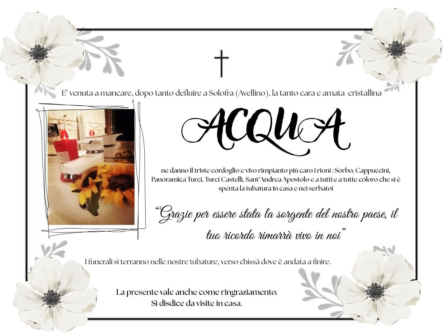 A Solofra è “morta” l’acqua: un manifesto funebre diventa il simbolo della protesta