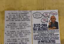 Napoli, manifesti degli ultras contro De Laurentiis e Saviano